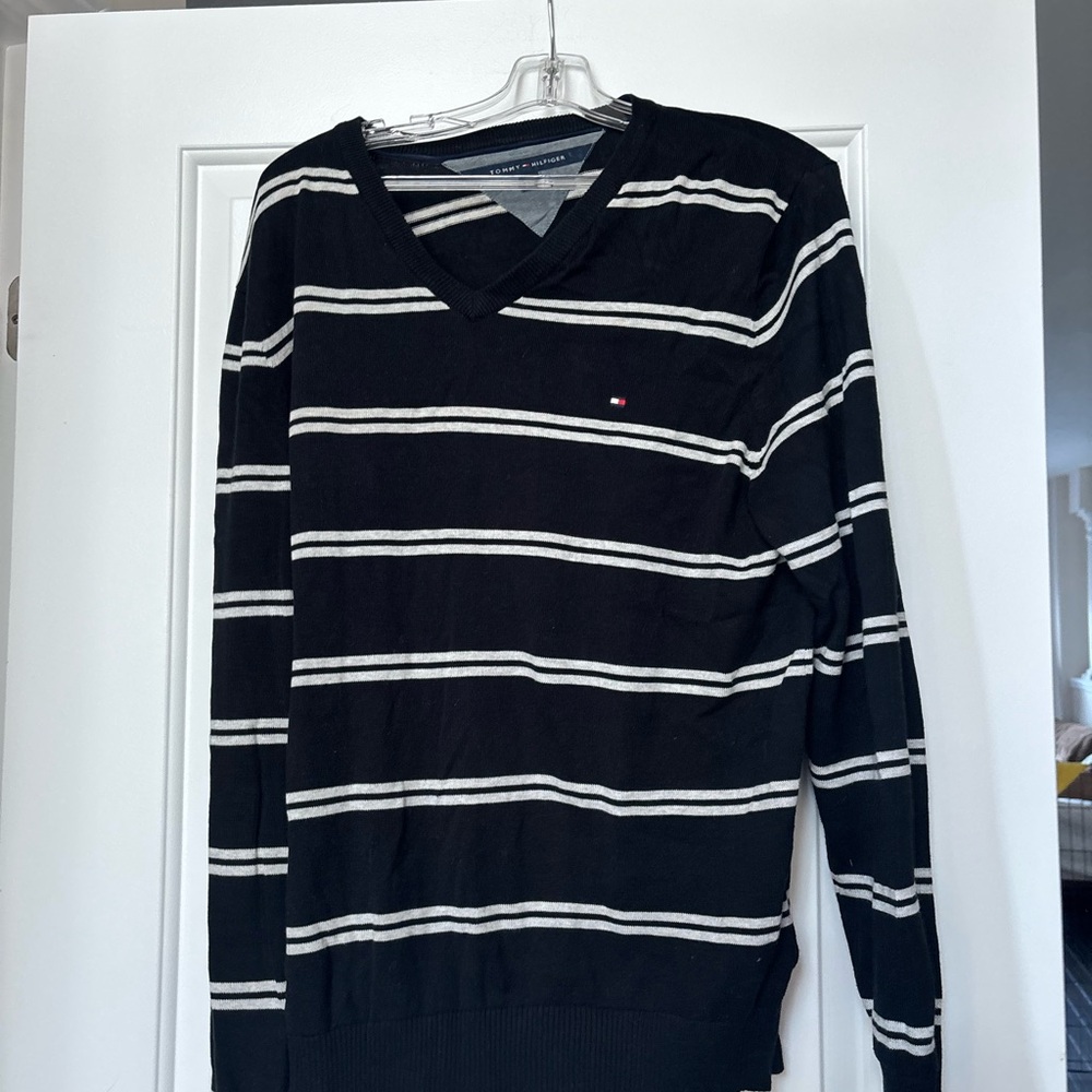 Tommy Hilfiger Black and White V-Neck Sweater